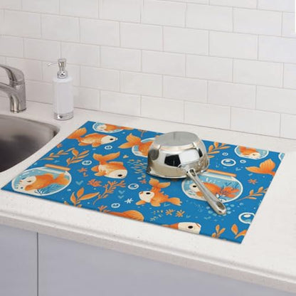 Cute Fish Fishbowl Leaf Dish Drying Mat for Kitchen Counter Microfiber Absorbent Reusable Washable 18x24in - color: Cute Fish Fishbowl Leaf