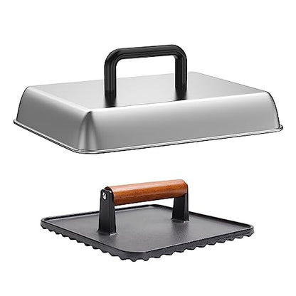 SafBbcue 14" Stainless Steel Rectangle Cheese Melting Domer Basting Cover & Cast Iron Rectangle Griddle Smash Burger Grill Weight Press for Blackstone, Pitboss, Camp Chef Flat Top Grills Accessories - style: 14InDome+10In Press