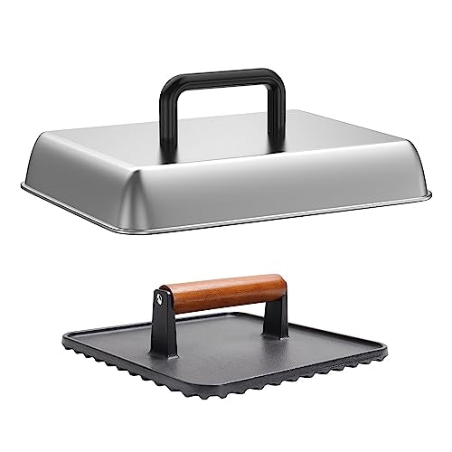 SafBbcue 14" Stainless Steel Rectangle Cheese Melting Domer Basting Cover & Cast Iron Rectangle Griddle Smash Burger Grill Weight Press for Blackstone, Pitboss, Camp Chef Flat Top Grills Accessories - style: 14InDome+10In Press
