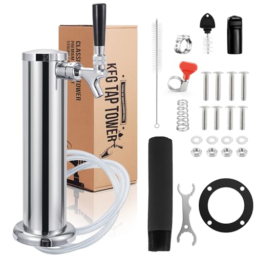 Kegerator Tower Single Tap Beer Tower Dispenser, Draft Beer Tap Tower Kegerator Parts, Upgraded 3" Flange Keg Tower with Pre-Assembled Tubing & Self-Closing Brass Beer Faucet Stainless Core