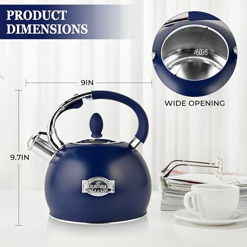 SUSTEAS Stove Top Whistling Tea Kettle - Food Grade Stainless Steel Teakettle Teapot with Cool Touch Ergonomic Handle, With 1 Silicone Pinch Mitt Included, 2.64 Quart,NAVY BLUE - color: Navy Blue