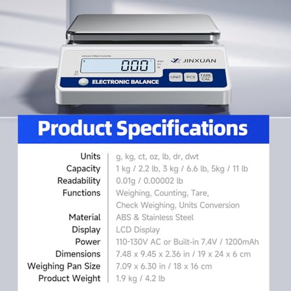Digital Lab Scale 0.01g Accuracy 5000g Analytical Balance Scale Precision Scale for Weighing Gold Silver Jewelry Diamond Powder Grain Food, Electronic Gram Scale with 500g Weight, LCD Display, 7units - style: 5000gx0.01g