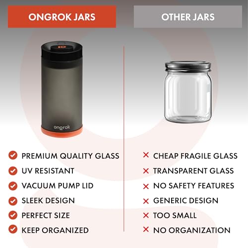 ONGROK Glass Storage Jar with Vacuum Pump Technology, Air Proof Containers to Preserve Smell and Aroma (1200ml (3oz)) - size: 1200ml (3oz)