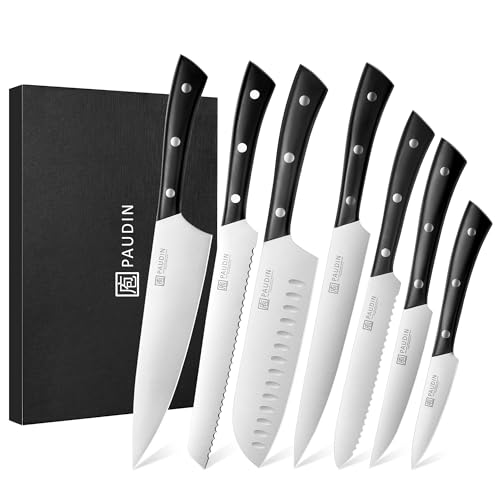 PAUDIN Kitchen Knife Set, 7 Piece Chef Knife Set, High Carbon Stainless Steel Kitchen Knives, Ultra Sharp Knives Set for Kitchen, Precise Cutting, Durable with Ergonomic Handle, Black - style: Knife Set 7pcs