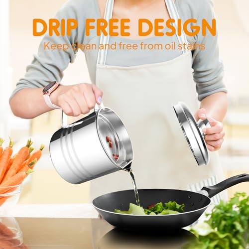 Chihee Grease Container 1.2L / 40 fl oz Stainless Steel Fine Mesh Strainer | Easy Clean Bacon Grease Saver Container Can with Dust-proof Lid Non-slip Tray for Kitchen Storing Frying Cooking Grease - color: Silver(1.2L)