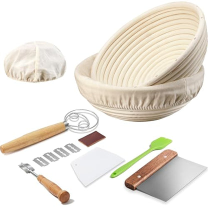 Dimpola Banneton Bread Proofing Basket Banneton Basket Set Sourdough Proofing Basket Round Proofing Bowls Handmade Rattan Baskets and Liners (2 Round 9 inch Baking Set) - style: 2 Round 9 inch Baking Set