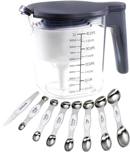 18-Pc Magnetic Measuring Cups and Spoons Set, with Lid, White | Includes 1 cover, 9 stackable cups set & 8 magnetic spoons, BPA-free & dishwasher safe, for liquid and dry baking - color: 18 Piece - White