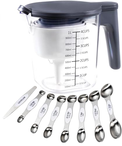 18-Pc Magnetic Measuring Cups and Spoons Set, with Lid, White | Includes 1 cover, 9 stackable cups set & 8 magnetic spoons, BPA-free & dishwasher safe, for liquid and dry baking - color: 18 Piece - White