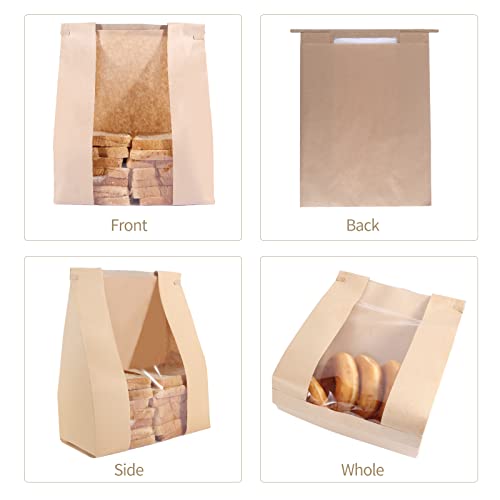50 Pack Bakery Bags with Window, 13.8 x 9.4 Inch Large Paper Bread Bags for Homemade Bread, Tin Tie Tab Lock Brown Window Bag for Toast, Cookie, Loaf, Candy, Nuts