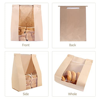 50 Pack Bakery Bags with Window, 13.8 x 9.4 Inch Large Paper Bread Bags for Homemade Bread, Tin Tie Tab Lock Brown Window Bag for Toast, Cookie, Loaf, Candy, Nuts