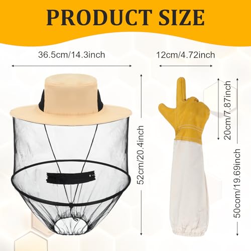 Beekeeping Gloves Hats Set 2 Thick Goatskin Leather Bee Gloves with Ventilated Sleeves and 2 Pack Beekeeping Fencing Veil Mosquito Hats Netting Sun Head Net Hat with Hidden Net Mesh Mask (Set of 2)