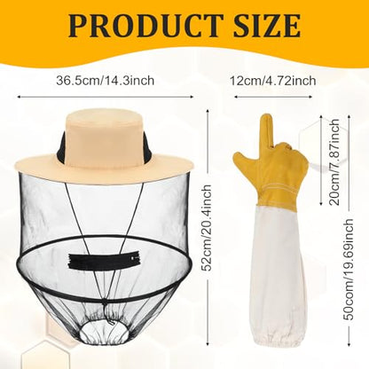 Beekeeping Gloves Hats Set 2 Thick Goatskin Leather Bee Gloves with Ventilated Sleeves and 2 Pack Beekeeping Fencing Veil Mosquito Hats Netting Sun Head Net Hat with Hidden Net Mesh Mask (Set of 2)