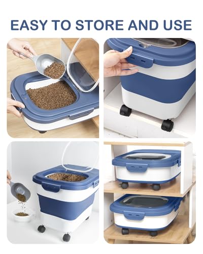 20-23 Lbs Dog Food Storage Container - Collapsible Dog Food Container with Wheels Airtight Lids, Scoop and Small Container, Pet Food Storage Dry Food For Dog, Cats and Other Pet (Blue) | Dog Food Container with Double Airtight Seal & Magnetic Lid,Cat Food