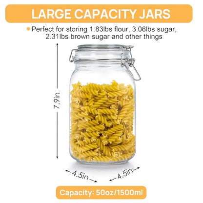 CHEFSTORY 50oz Airtight Glass Jars with Lids, 3 PCS Food Storage Canister for Kitchen & Pantry Organization, Square Mason Jar Containers for Storing Sugar, Flour, Cereal,Coffee,Cookies