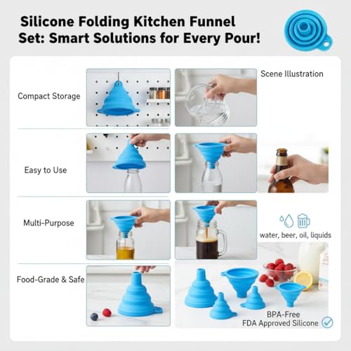4 Pack Silicone Collapsible Kitchen Funnel for Water Beer Oil Filling Bottles ，Foldable Silicone Funnel Set – Collapsible Small & Large Funnels, Water Bottles & Liquid Transfer – Food Grade（Blue） - color: blue