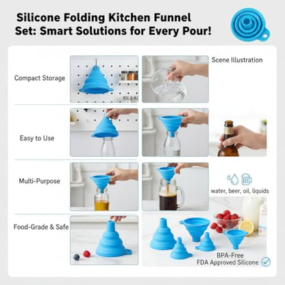 4 Pack Silicone Collapsible Kitchen Funnel for Water Beer Oil Filling Bottles ，Foldable Silicone Funnel Set – Collapsible Small & Large Funnels, Water Bottles & Liquid Transfer – Food Grade（Blue） - color: blue