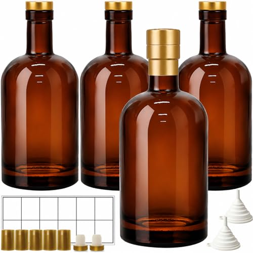 TBWIND 4 Pack 32oz/1000ml Amber Glass Bottles with T-Top Corks | Airtight refillable brewing bottles. Ideal for kombucha, mead, wine, syrups & oils. Includes funnels & labels - color: 32oz/ 1000ml, size: Amber