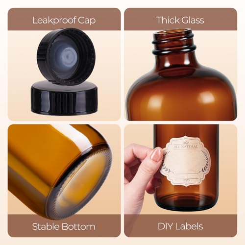 6 Pack 32 oz Amber Glass Bottles with Lids, Boston Round Glass Bottles with Black Caps for Secondary Kombucha Fermentation and Lab Chemicals