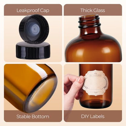6 Pack 32 oz Amber Glass Bottles with Lids, Boston Round Glass Bottles with Black Caps for Secondary Kombucha Fermentation and Lab Chemicals