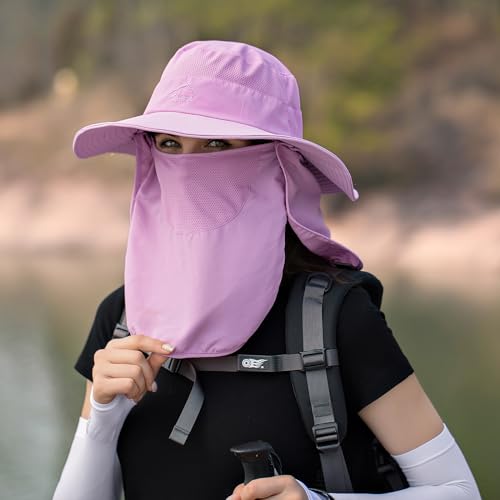 Sun Hats for Men Women Fishing Hat UPF 50+ Breathable Wide Brim Summer UV Protection Hat - color: Purple(with Face Cover & Neck Flap )