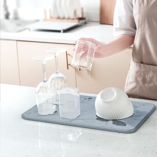 Quick Dry Stone Drying Mat for Kitchen Counter, Water-Absorbent Diatomaceous Dish Drying Mats, Multi-Purpose Stone Drying Tray for Cups Dishes Bottles, Ash-Marble - color: ash-marble