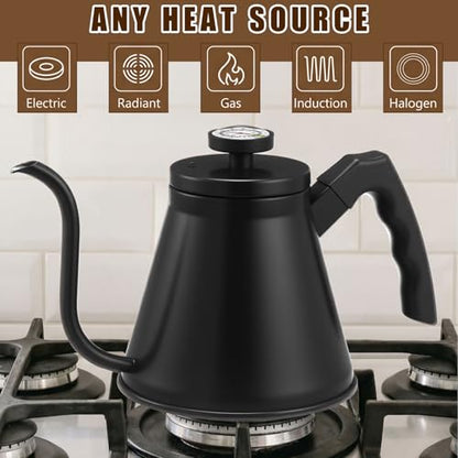 2 Pack 40 oz Gooseneck Kettle with Thermometer Stainless Steel Pour over Coffee Kettle Precision Drip Spout for Stovetop Home Kitchen Camping(Black and Silver) - color: Black and Sliver