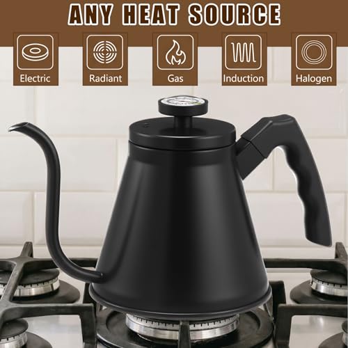 2 Pack 40 oz Gooseneck Kettle with Thermometer Stainless Steel Pour over Coffee Kettle Precision Drip Spout for Stovetop Home Kitchen Camping(Black and Silver) - color: Black and Sliver