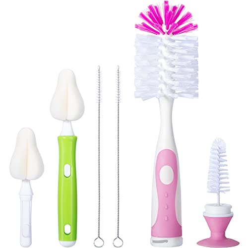 CAREBABYMORE Baby Bottle Brush with One Base Hidden Nylon Nipple Cleaner, 2 Pcs Sponge Nipple Brushes, 2 Pcs Straw Brushes, Bottle Brush with Nipple Cleaner and Suction Cup (Pink) - color: Pink