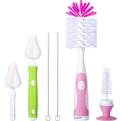 CAREBABYMORE Baby Bottle Brush with One Base Hidden Nylon Nipple Cleaner, 2 Pcs Sponge Nipple Brushes, 2 Pcs Straw Brushes, Bottle Brush with Nipple Cleaner and Suction Cup (Pink) - color: Pink