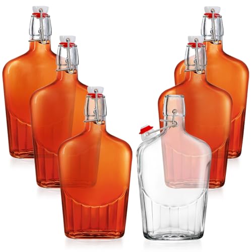 TOPZEA Set of 6 Swing Top Glass Flask, 17 oz Clear Glass Hip Whiskey Flasks with Airtight Stopper Cap, Flip Top Liquor Bottle for Beer, Vanilla Extract, Oil & Vinegar, 2nd Fermentation Brewing Bottle