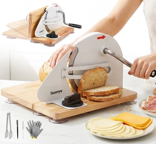 Huanyu Manual Bread Slicer Upgrade Foldable Sourdough Cutter Versatile Hand Crank Stainless Steel Blade Adjustable Thickness with Scale Line & Suction Cup for Homemade & Commercial Use White