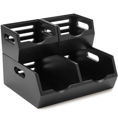HOMESTEAD Stackable Solid Wood Storage Bins for Pantry & Countertop, Ventilated Potato and Onion Basket Organizer with Handles, Wooden Produce Storage Containers, 3 Pack, Black - color: Black