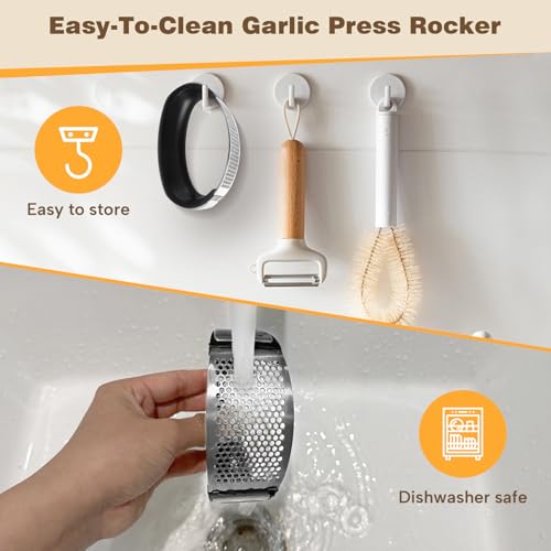 Cook Guy 304 Stainless Steel Garlic Press Rocker Set - Premium Garlic Mincer, Crusher, Peeler and Scraper Tool for Effortless Mincing - Comfortable Grip Garlic Grinder (Silver) - color: Silver-black