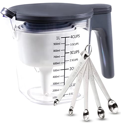 15 Pieces Measuring Cups and Spoons set, Includes 10 Stackable Measuring Cup with Lid and 5 Mini Stainless Steel Measuring Spoons, Teaspoons for Liquid and Dry, BPA Free, Dishwasher Safe | 1 storage cover, 9 stackable cups set and 5 mini teaspoons, BPA-fr