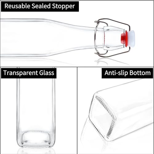 12 Pack 12oz Swing Top Glass Bottles, 375ML Square Bottles with Airtight Stoppers for Kombucha, Kefir, Vanilla Extract, Beer(Bonus Gaskets, Labels and Funnel) - size: 12oz