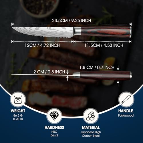PURPLEBIRD Steak knives Set of 6, Serrated Steak Knife Set 4.5 Inch, Japanese High Carbon Steel Kitchen Steak Knife, Sharp Steak Knives with Wood Handle, Dinner Knife with Gift Box for Mom Dad - color: Red