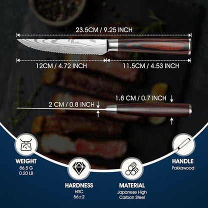 PURPLEBIRD Steak knives Set of 6, Serrated Steak Knife Set 4.5 Inch, Japanese High Carbon Steel Kitchen Steak Knife, Sharp Steak Knives with Wood Handle, Dinner Knife with Gift Box for Mom Dad - color: Red