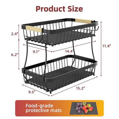 Sevenblue 2-Tier Fruit Basket with Banana Hangers, Detachable Metal Bowl | Wooden handle, protective mats included. Versatile holder for bread, snacks, and veggies. Extra Large 2 tier metal design. - color: Black, size: 2 Tier Extra Large