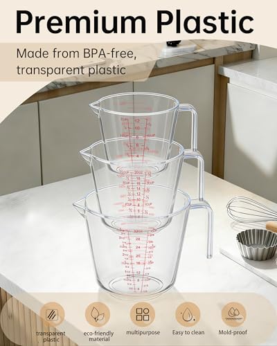 Measuring Cups, Plastic Measuring Cups Set of 3-1000ml, 600ml, 300ml with Spout & Easy-Pour Design, Leak-Proof, Cooking, Baking, Liquid & Dry Ingredients, (ML/OZ/CUP)