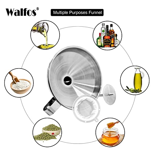 Stainless Steel Funnel, Walfos Kitchen Funnel with 2 Removable Strainer ＆ 1Pc Cleaning Brush, Perfect for Transferring of Liquid, Oils, Jam, Dry Ingredients & Powder (Big, 4.9") - color: 1pcs funnel 4.9 inch