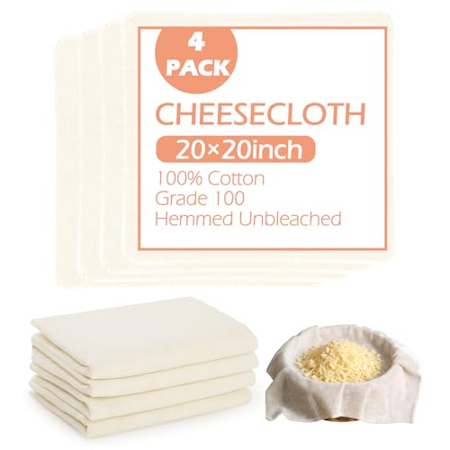 GeeRic 4 Pcs Reusable Cheesecloth Grade 100, 20x20 Inch Organic Cheesecloth for Straining, Fabric Fine Mesh Unbleached Cotton Strainer Muslin Cloth for Cheese Making, Nut Milk, Filtering