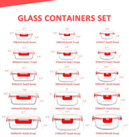 KOMUEE 30 Pieces Glass Food Storage Containers Set, Meal Prep Containers Set with Snap Locking Lids, Airtight Glass Lunch Containers, Microwave, Oven, Freezer & Dishwasher, Red - color: Red