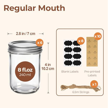 ComSaf 8 oz Mason Jars, 6 Pack Small Regular Mouth Glass Jars with Lids | BPA-Free Materials, Half-Pint Portions, Small Jam, Jelly, Honey Sample, Spice Rack, Meal Prep, DIY Candles, Labels and Twine - size: 8oz*6 regular mouth