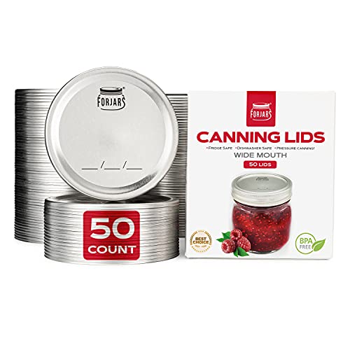 Wide Mouth Canning Lids, 50-Pack – Create Airtight Seals on Mason Jars to Preserve Food for Meal Prep & Emergency Food Storage – 3.4 In. Metal Lids with Silicone Seals – Canning Supplies by FORJARS - style: 50-Pack