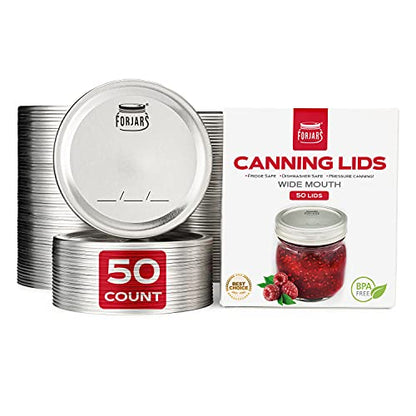 Wide Mouth Canning Lids, 50-Pack – Create Airtight Seals on Mason Jars to Preserve Food for Meal Prep & Emergency Food Storage – 3.4 In. Metal Lids with Silicone Seals – Canning Supplies by FORJARS - style: 50-Pack