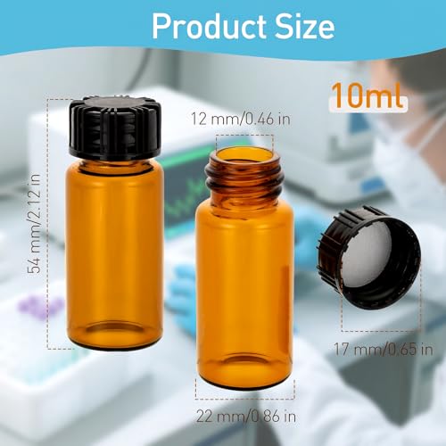 50 Pack 10ml Empty Amber Small Glass Vials with Screw Caps | 0.3oz Brown Small Bottles for Essential Oils, Perfume & DIY, Leak-proof Gasket, Lab Liquid Sampling Container - style: 10ML 50- Pack