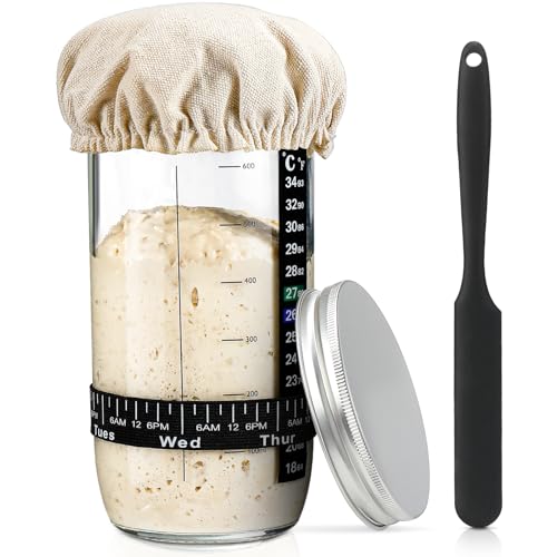Sourdough Bread Baking Supplies,24 oz Sourdough Starter Jar Glass, Sourdough Starter Kit with Date Marked Feeding Band, Thermometer, Silicone Scraper, Sewn Cloth Cover & Aluminum Lid, Sourdough Jar - size: 24oz-1pcs