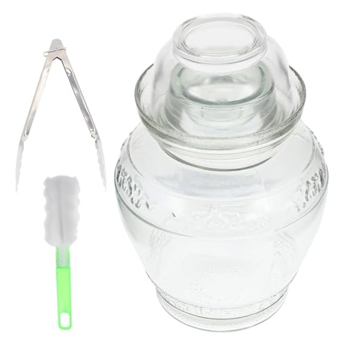 DECHOUS Glass Pickle Jar Set 5lb with Airtight Water Seal Lid, Thickened Glass Sauerkraut Fermentation Crock for Household Food Storage, Includes Inner Lid, Brush, and Tongs for Kitchen