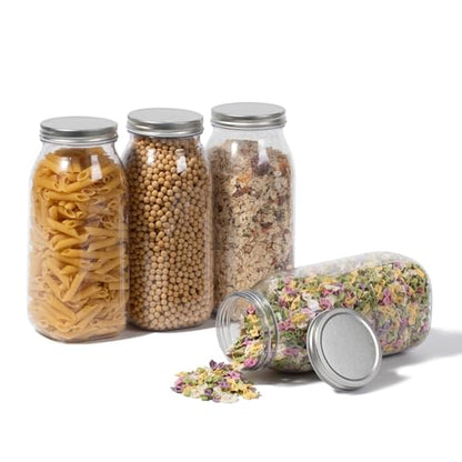 novelinks 64 oz Large Plastic Mason Jars with Airtight Lids Wide Mouth | 4 Pack, Silver, Storage Jars with Airtight Lids, Mason Jars 64oz, Big Jars Wide Mouth, Plastic Storage Containers for Pantry - color: Silver