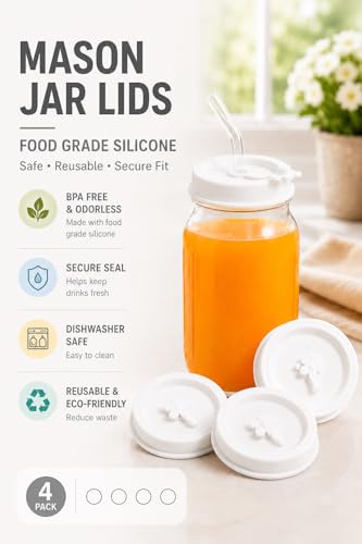 Silicone Mason Jar Lids with Straw Hole for Regular & Wide Mouth Jars | Regular and Wide Mouth Compatible, With Straw Hole, With Stopper - color: white color 4pcs